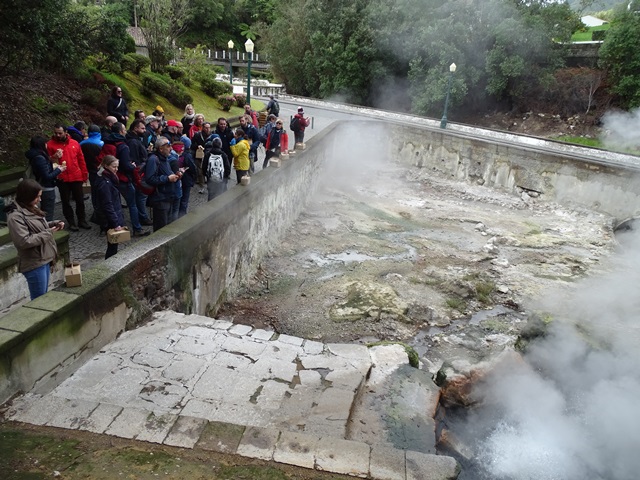 Furnas Village fumarolic field: the group visits one of the fumaroles guided by Fatima Viveiros (whit the yellow jacket).