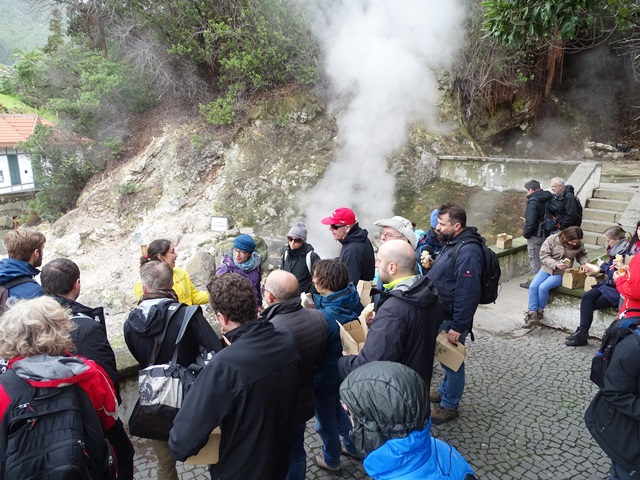 Furnas Village fumarolic field: the group visits one of the fumaroles guided by Fatima Viveiros.